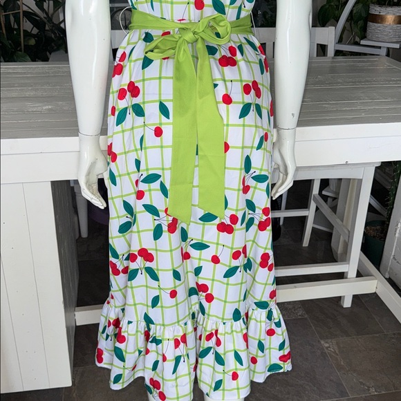 Sleeveless White Cherry Print Midi Dress Green Waistband NWOT XL 50/60s vibes - Picture 5 of 15